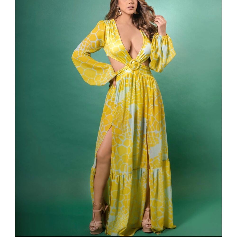 Rhythm Boutique Cutout Plunge Maxi Dress Small Yellow Boho Resort High Slit